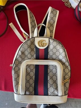 Gucci Beige GG Supreme Canvas Backpack with Navy and Red Stripe